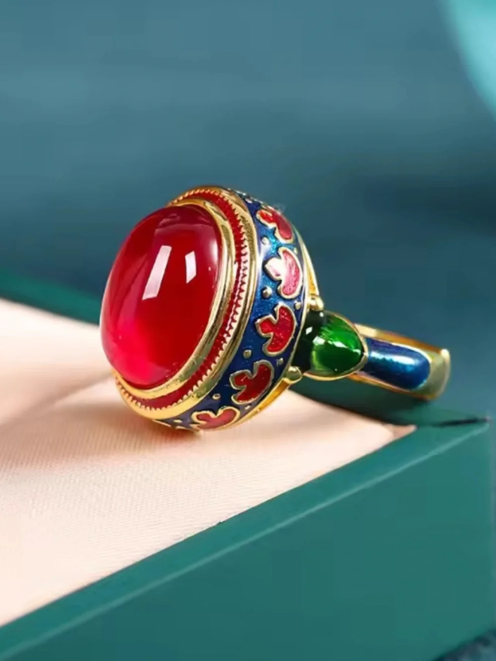 Vintage adjustable Gold-Tone Red Cabochon Multicolor Enamel Statement Ring